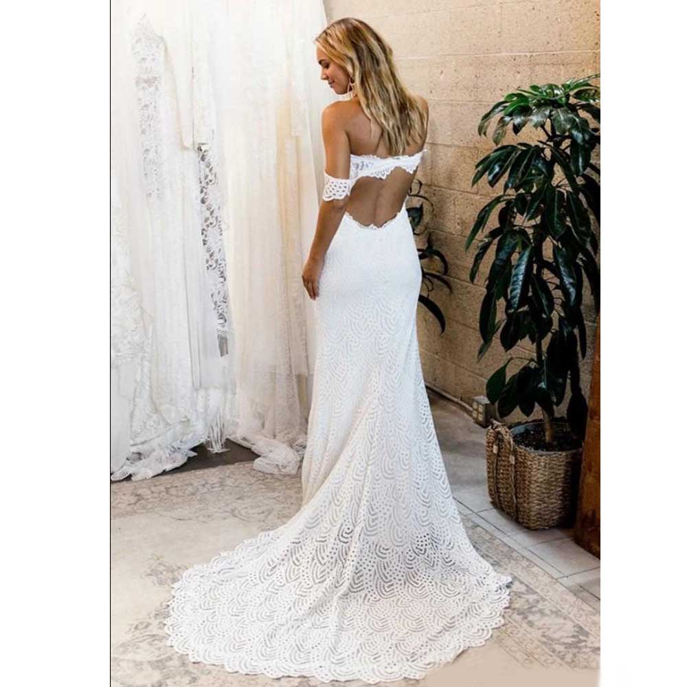 Bohemian Lace Country Garden Bridal Gowns 2020 Off Shoulder Front Slit Backless Mermaid Wedding Dresses Sweep Train robes de mariee