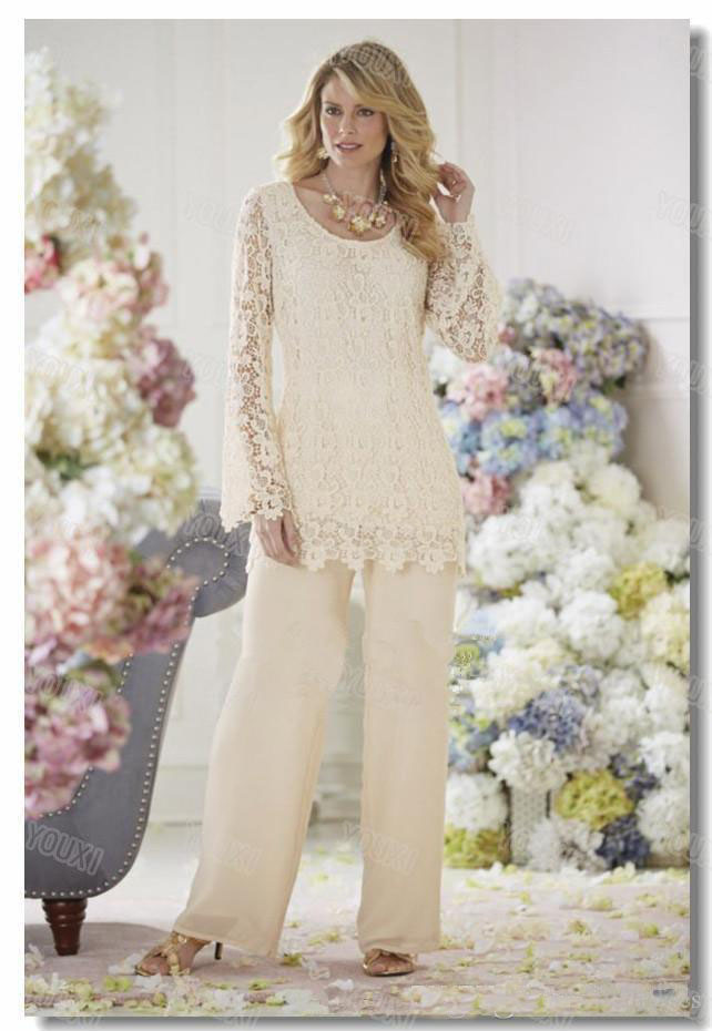 Mother of the Bride Dresses Pant Suits 2019 Custom Made Vintage Formal Dresses Capped with Long Sleeves Chiffon Lace Wedding Guests Gowns