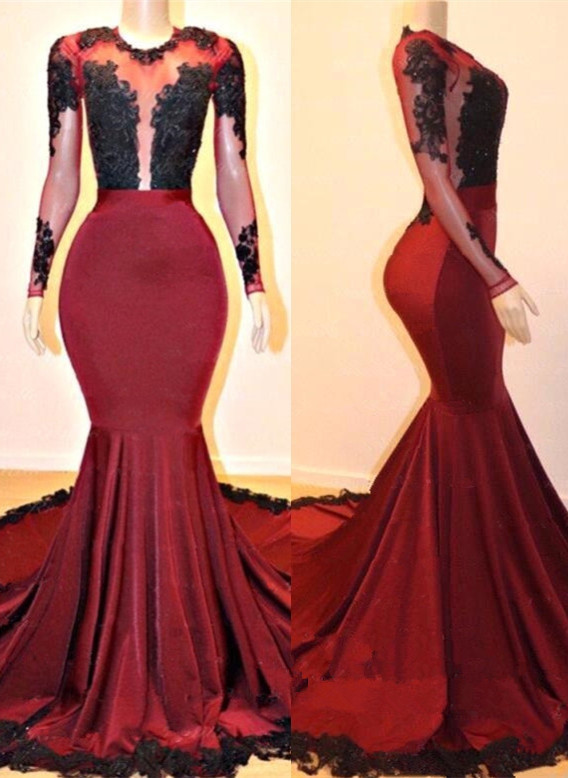Sheer Jewel Neck Mermaid Evening Formal Dresses 2020 Illusion Long Sleeve Burgundy Black Lace Applique African Prom Dress Wear