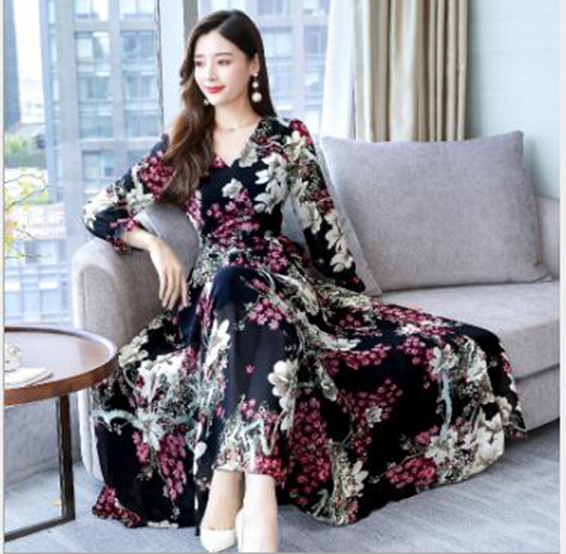 Wholesale women's spring and autumn new style was thin in the long section of the long-sleeved retro printed chiffon bottoming knee dress, Pink
Wholesale women's spring and autumn new style was thin in the long section of the long-sleeved retro printed chiffon bottoming knee dress, Pink