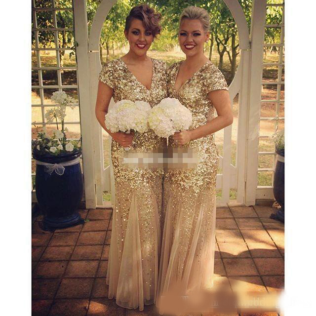 Sparkly Gold Sequin Long Bridesmaid Dresses Mermaid V Neck with Short Sleeve 2020 Vintage Formal Evening Gowns Plus Size Maid of Honor Dress