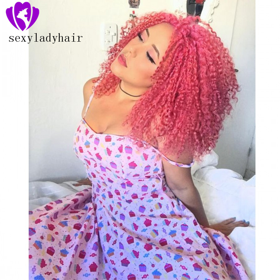 Cosplay Heat Resistant kinky curly Synthetic Lace Front Wig Free Parting 180% Density pink Wig African American Curly Wigs For Black Women