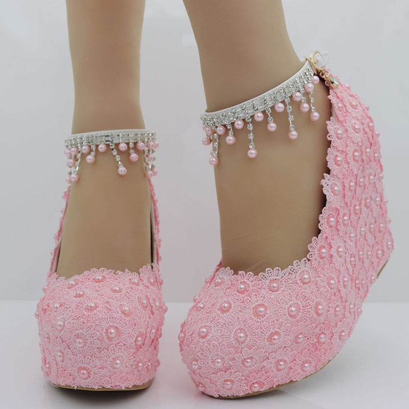 Pink Blue White Lace Wedding Shoes with Beading Buckle Straps Wedge Heel Fashion Women Pumps 4 Inches High Heel Bridesmaid Shoes