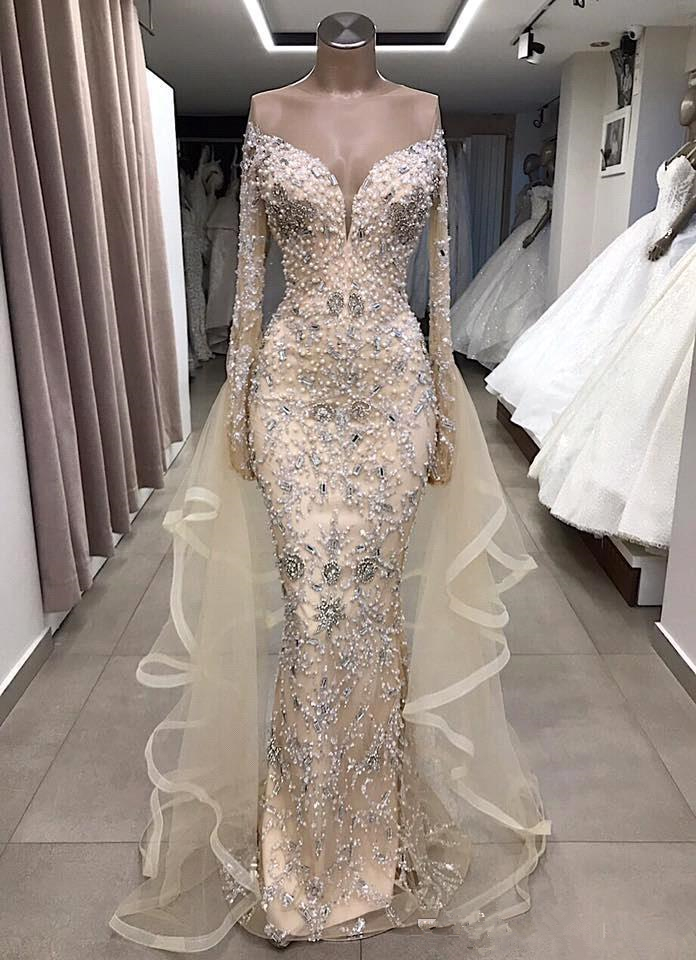 Luxury Mermaid Prom Dresses Long Sleeve Sheer Neck Pearls Beads Lace Evening Gowns With Detachable Train Dubai Arabic Abendkleider