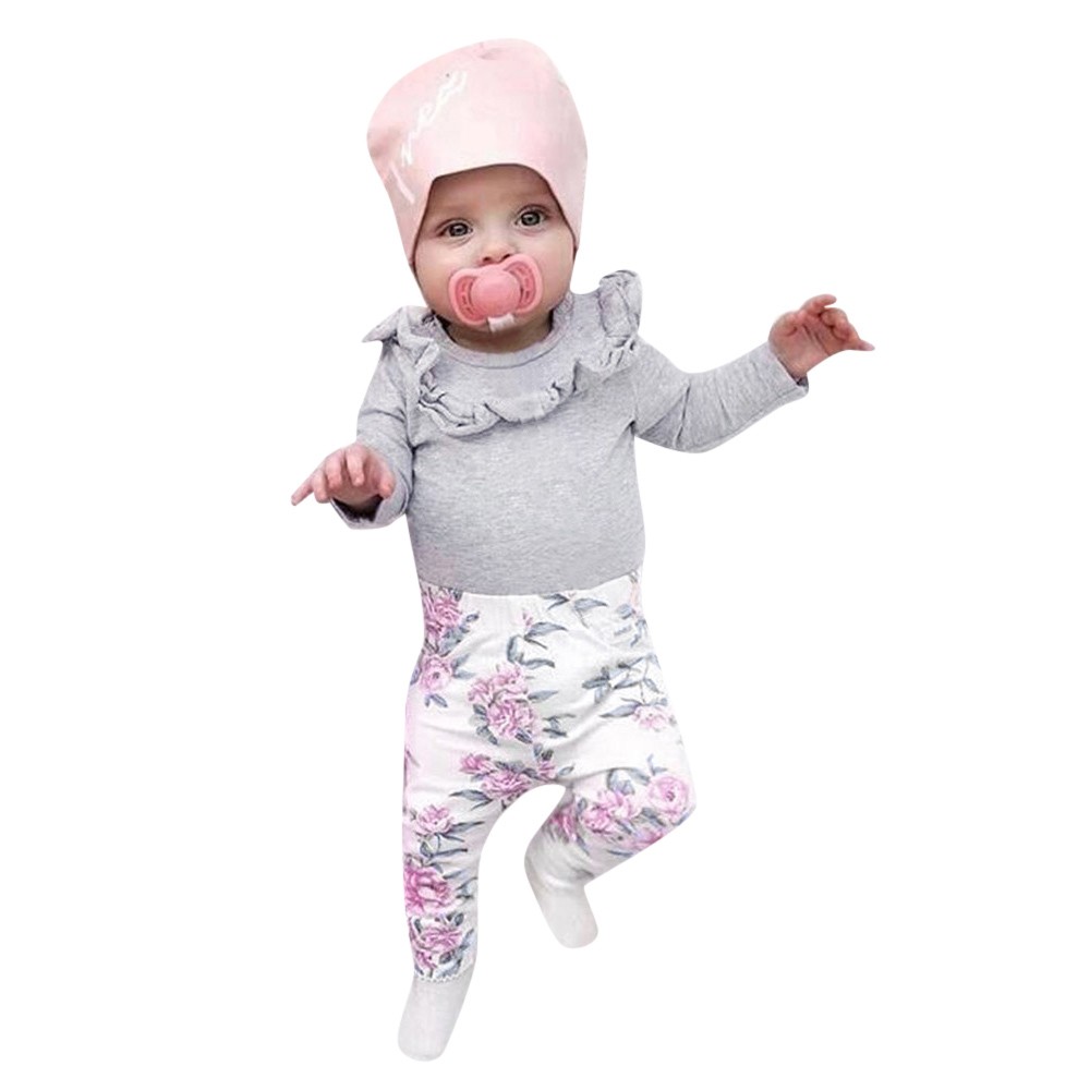 Newborn baby clothing set Toddler Girls Ruffles Solid Tops+Floral Lace Pants Set Clothes baby girl outfit roupa menina