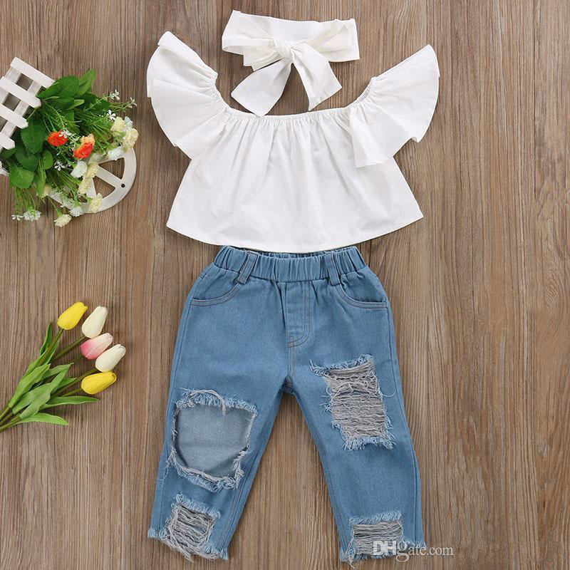 New Fashion Children Girls Clothes Off Shoulder Crop Tops White+ Hole Denim Pant Jean Headband 3pcs Toddler Kids Clothing