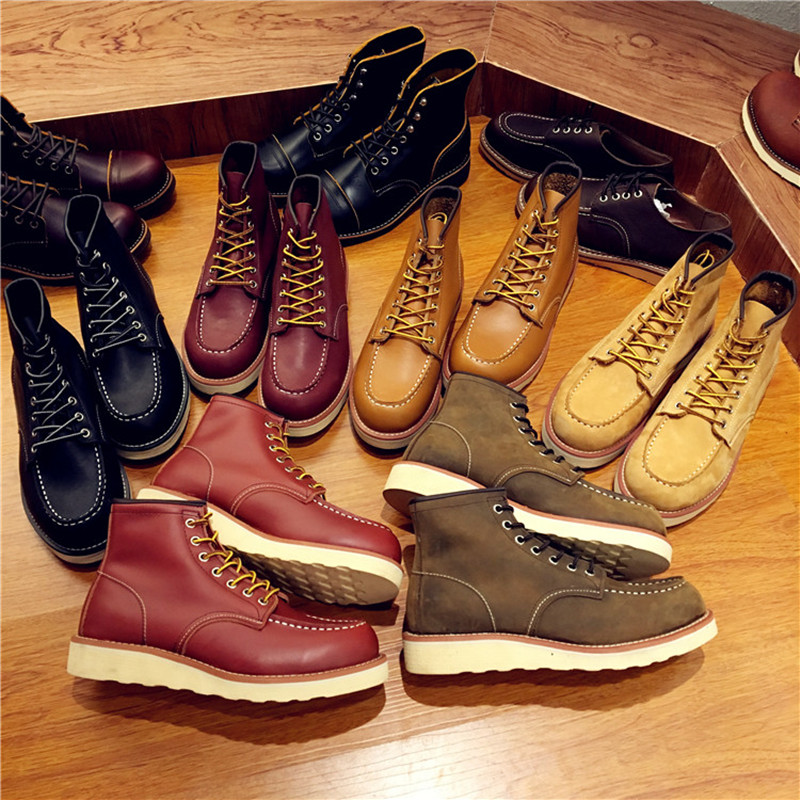 Hot Sale-Vintage Men Shoes Lace-Up Genuine Leather Boots Wing Male Handmade Work Travel Wedding Ankle Boots Casual Fashion Red Boots 875