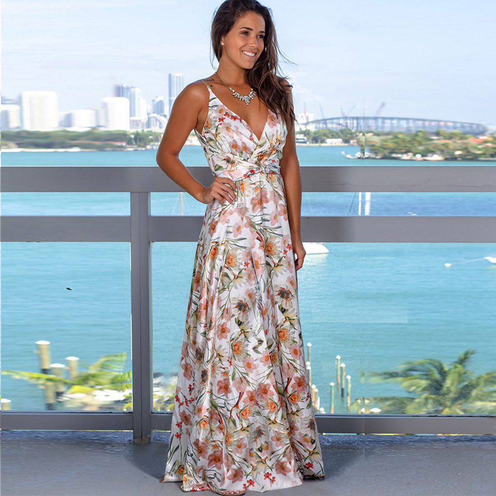 hot sale Sexy Women Printed Sleeveless Long Dresses Ladies Spaghetti Strap Beach Boho Sundress Sling Backless Bodycon Party Maxi Dresses