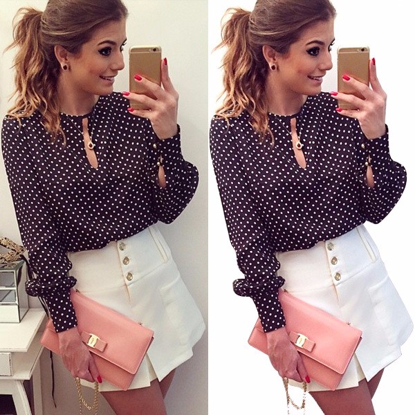 Long Sleeve Slit Open Blouse Chiffon Hollow Sexy Casual Shirts Plus Size Women Tops Blusas Mujer Polka Dots Shirt Top B3