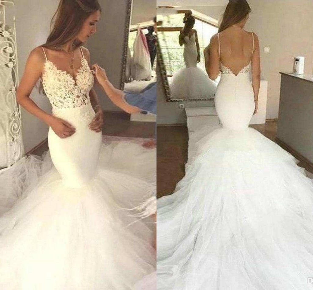 Cheap Mermaid Sexy Dresses Lace Appliques Spaghetti Straps Backless Chapel Train Wedding Dress Bridal Gowns Vestidos De Marriage