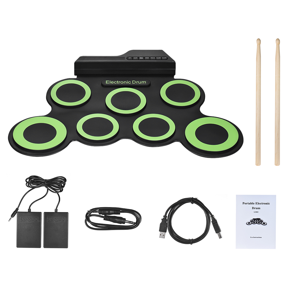 Portable Electronic Drum Digital USB 7 Pads Roll Drum Set Silicone Electric Drum Pillow Kit with Drumsticks Foot Pedal