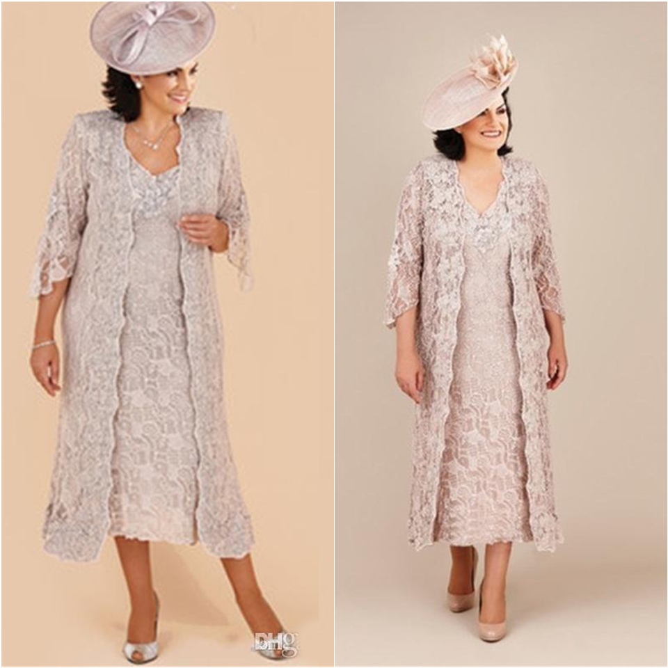 Plus Size Lace Mother Of The Bride Suits Dresses With Long Jacket Knee Length Long Sleeve Mother Of The Groom Gowns
