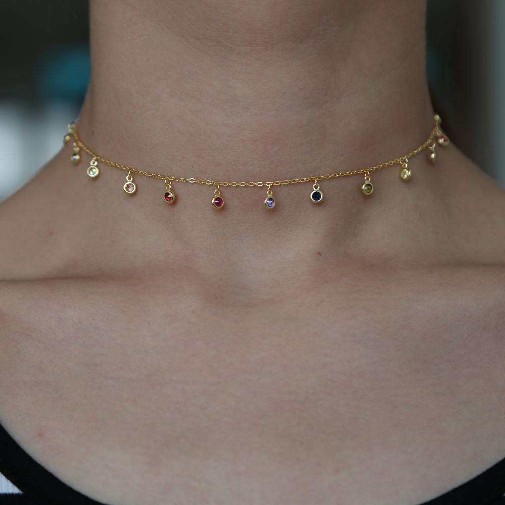 Wholesale-rainbow cz drop choker necklace for women 2018 gold plated vermeil tiny round dots statement necklaces