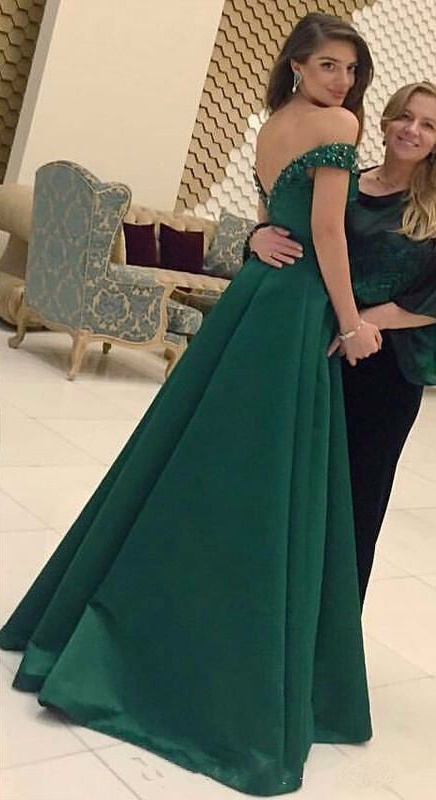 2019 New Arabic Dubai Prom Dresses Off Shoulder Emerald Green A Line Beaded Evening Dresses Sexy Backless Party Gowns vestidos de festa