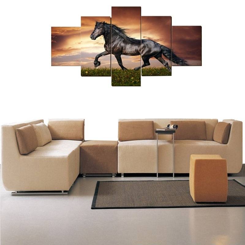 5pcs/set Unframed Running Black Horse Animal Painting On Canvas Wall Art Painting Art Picture For Living Room Decor