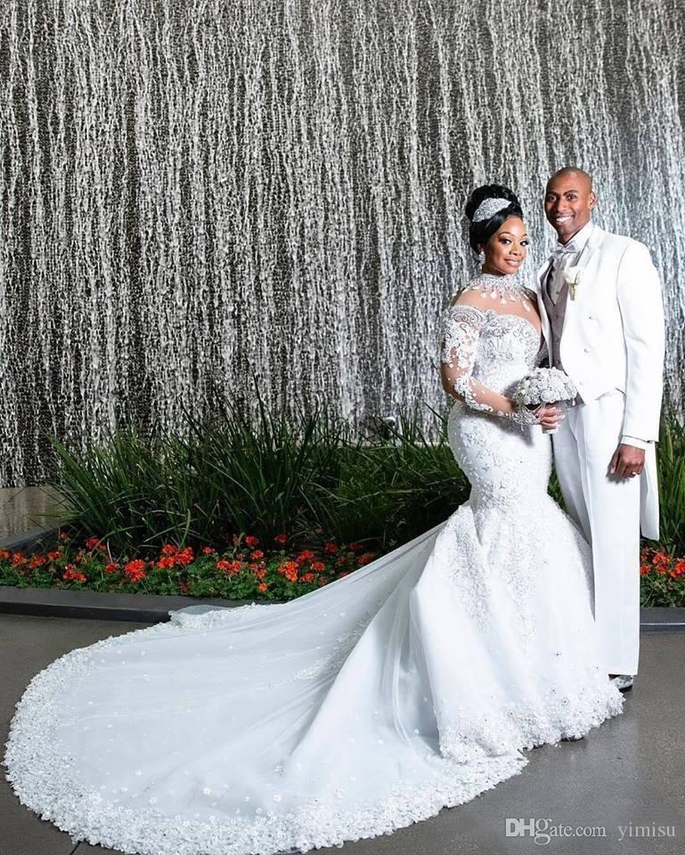 Plus Size Mermaid Dresses African Beaded Jewel Neck Chapel Train Long Sleeves Wedding Dress Bridal Gowns vestidos de novia