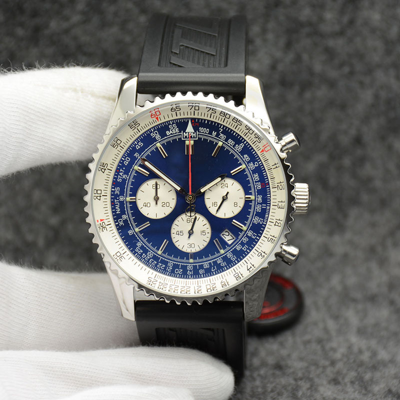 44MM Quartz Chronograph Mens Watches Silver Case Blue Dial Wristwatches With Black Rubber Band Luminous Hands and Markers
44MM Quartz Chronograph Mens Watches Silver Case Blue Dial Wristwatches With Black Rubber Band Luminous Hands and Markers