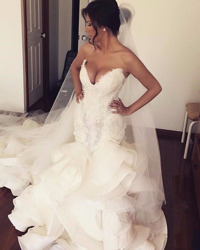 Hot Fashion Mermaid Dresses Sweetheart Heavy Bodice Organza Ruffles Plus Size Wedding Dress Bridal Gowns Pearls Beaded Lace Up Cheap