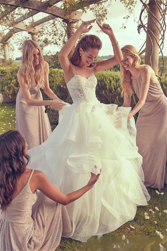 organza ruffles wedding dresses spaghetti neck lace appliques beaded arabic bridal gowns new fashion garden church wedding dress