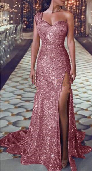 Rose Gold Sparkly Sequins Mermaid Prom Dresses 2019 In Stock Sweetheart Sexy Slit Full length Trumpet Occasion Evening Gowns