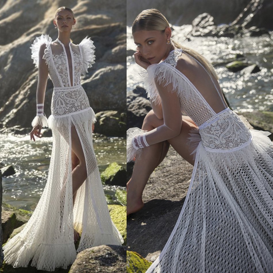 Modest Charchy Bohemian Jewel Long Sleeve Side Split Mermaid Wedding Dresses Lace Applique Crystal Wedding Gowns Sweep Train robe de mariée, Silver
Modest Charchy Bohemian Jewel Long Sleeve Side Split Mermaid Wedding Dresses Lace Applique Crystal Wedding Gowns Sweep Train robe de mariée, Silver
