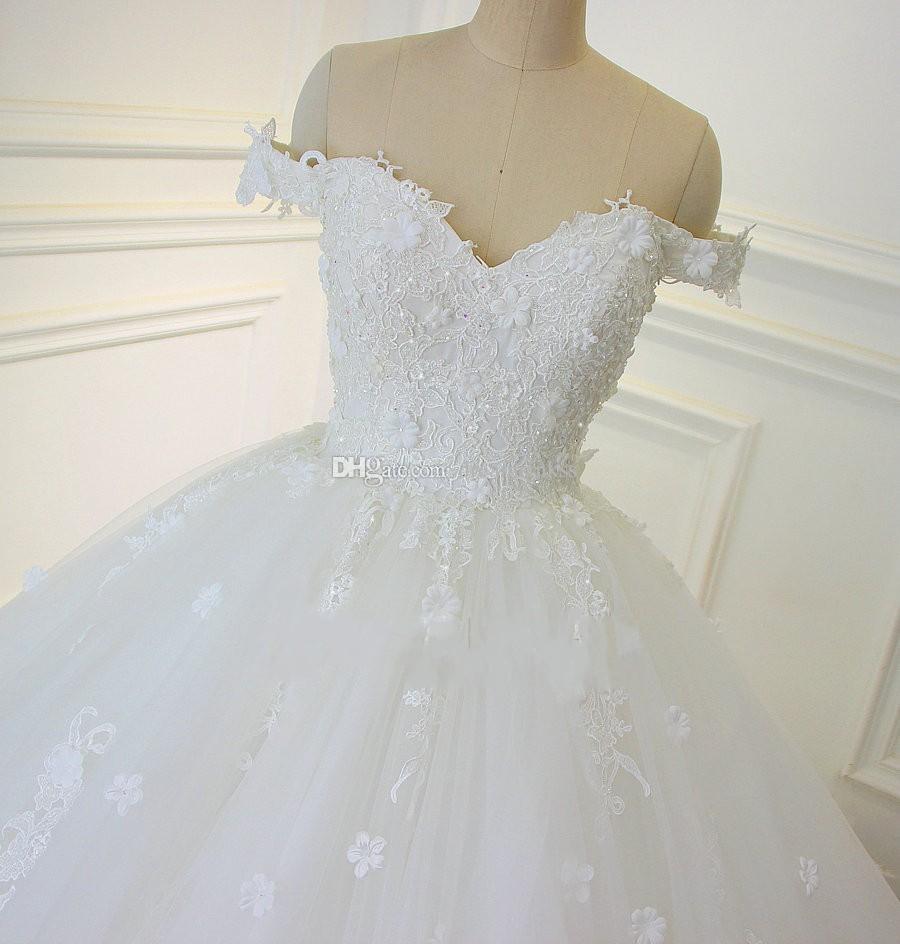 Lace Ball Gown Wedding Dresses Vintage Arabic Off-the-shoulder Beads Handmade Flowers Wedding Bridal Gowns Real Picture