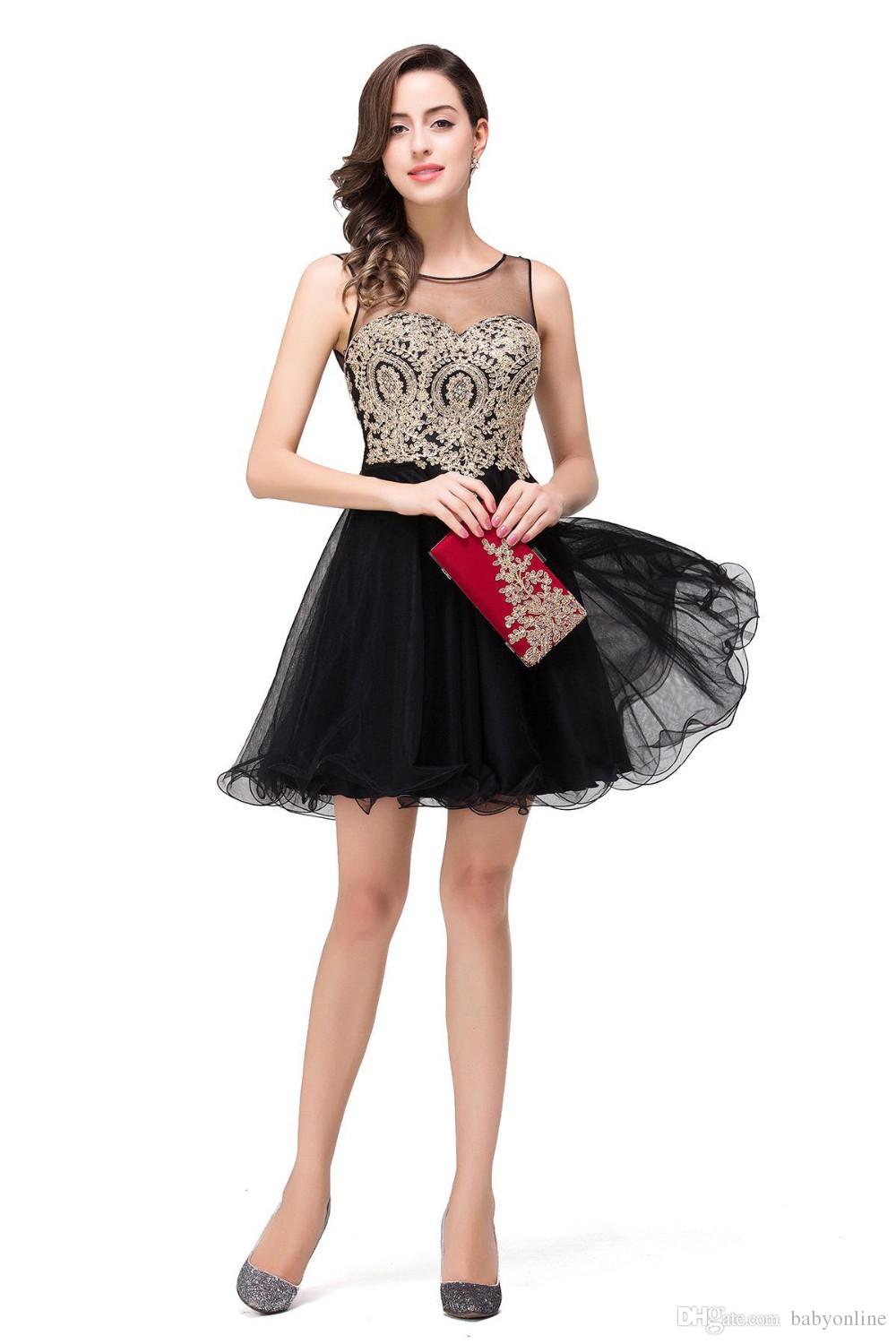 Little Black Short Homecoming Dresses Gold Appliques A Line Ruffles Knee Length Mini Prom Tail Gowns Cps362