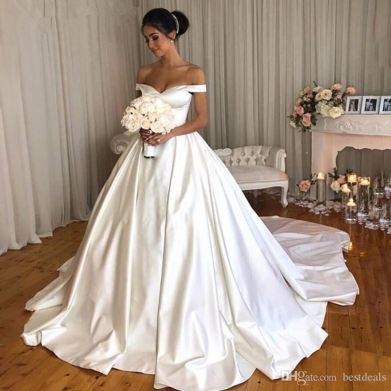 Sexy Modest Plus Size Cheap Ball Gown Dresses Off Shoulder Pleats Court Train Satin Wedding Dress Bride Gowns Vetidos de novia