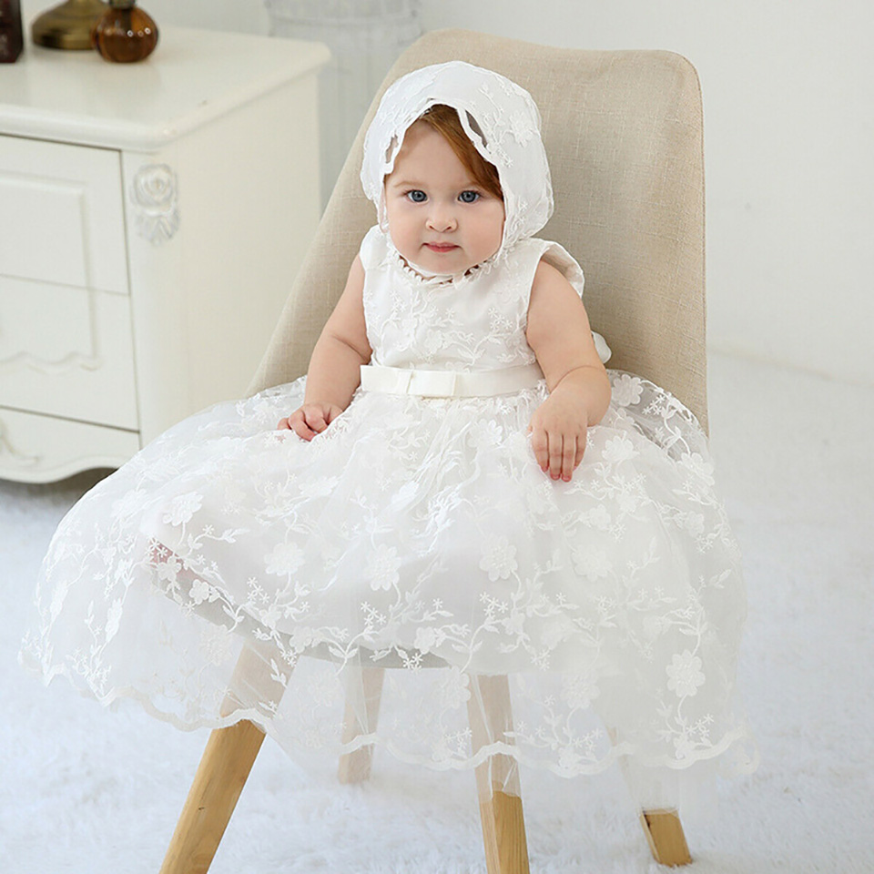 High Quality Custom Outfit Ivory White 1 Year Birthday Girl Baptism Gowns Baby Girl Lace Dress Extra Long Christening Dress