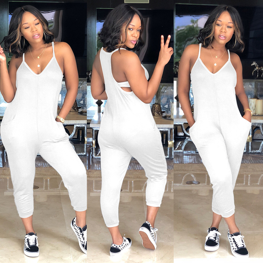 Jumpsuits European solid color sexy sling V-neck sleeveless halter hood casual street double pocket jumpsuit support mixed batch
