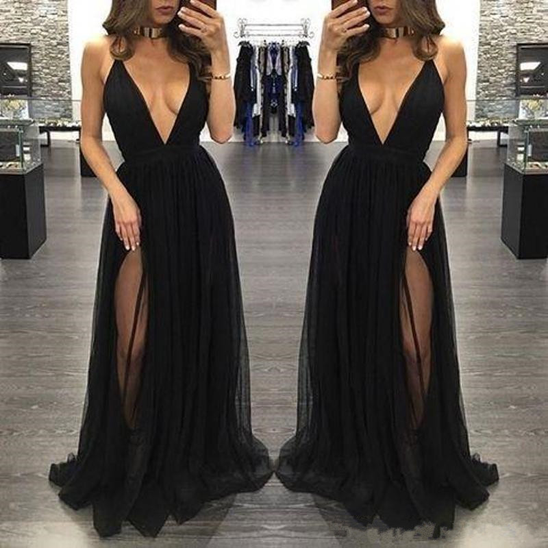2019 New Modest High Fashion Black Sexy Prom Dresses Deep V-Neck Backless Side Split Backless Tulle Dresses Evening Wear Red Carpet Gowns