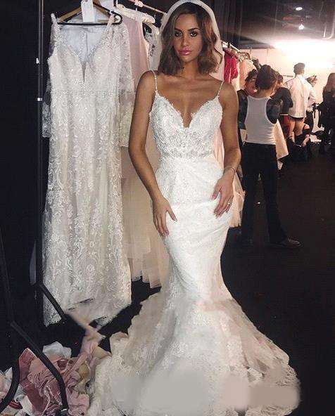 Modern Backless Wedding Dresses 2020 Sexy Open Back Mermaid Spaghetti Straps Appliqued Lace Long Bridal Gowns Formal
