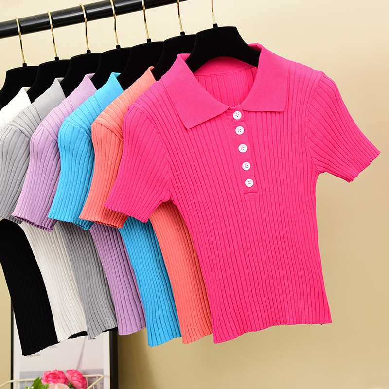 2020 Summer Short Sweater New Women Slim Turn Down Collar Slim Pull Knitted Tops Ladies Button Short Sleeve T-shirt Crop Tops
