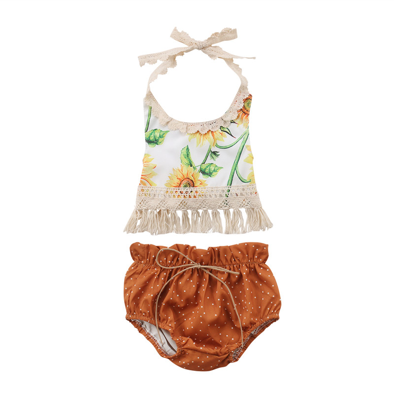 Sleeveless Summer Cute Sunflower Girl Clothing Tassel Backless Top Dot Short Outfits 2PCs Newborn Baby Girls Clothes Set