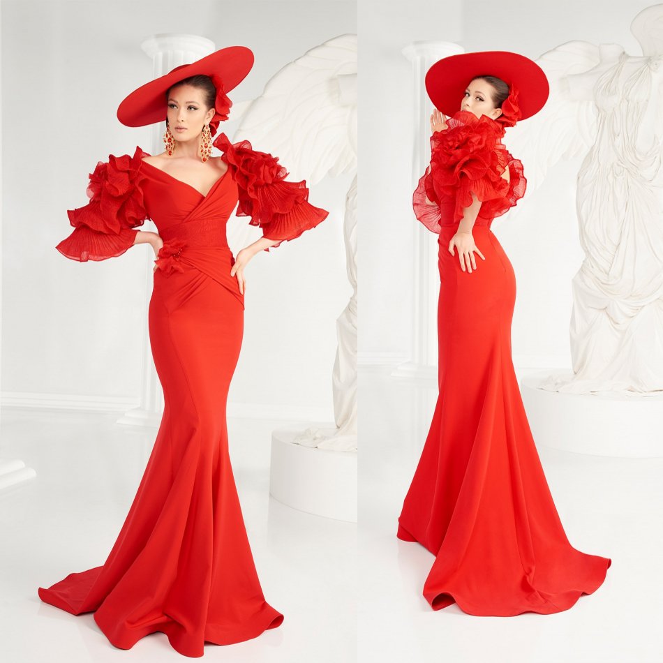 2020 Red Mermaid Evening Dresses Deep V Neck Half Long Sleeves Ruffles Prom Gowns Designed Sweep Train Formal Party Dress Custom Made, Beige
2020 Red Mermaid Evening Dresses Deep V Neck Half Long Sleeves Ruffles Prom Gowns Designed Sweep Train Formal Party Dress Custom Made, Beige