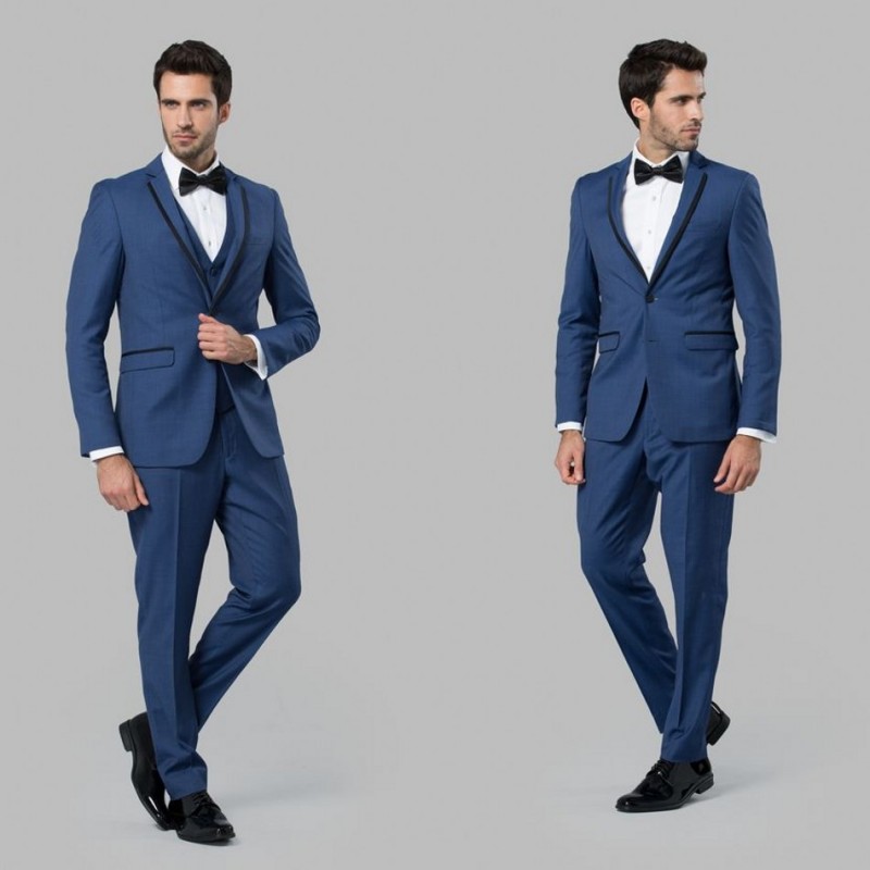 Beach Groom Wedding Tuxedos Blue 2 Pieces Black Lapel Handsome Mens Pants Suits Two Button Slim Fit Groomsmen Wear (Jacket+Pants)