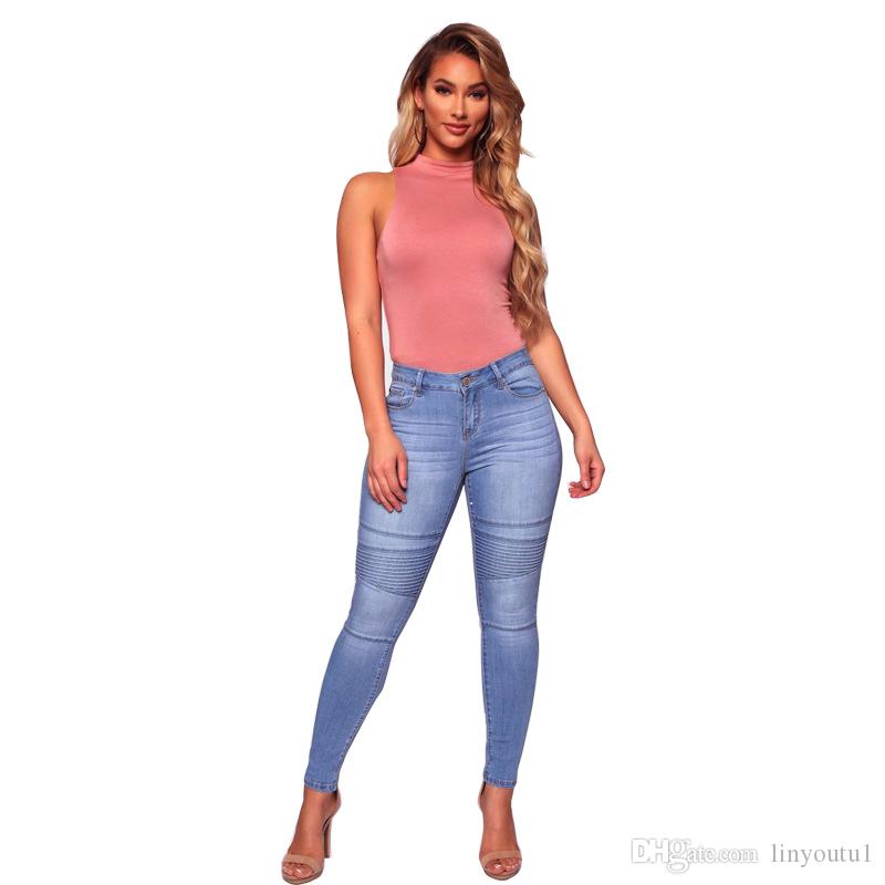 2020 Women`s Motorcycle Biker Zip Mid High Waist Stretch Denim Skinny Pants Motor Jeans For Women Pencil Pants 2019