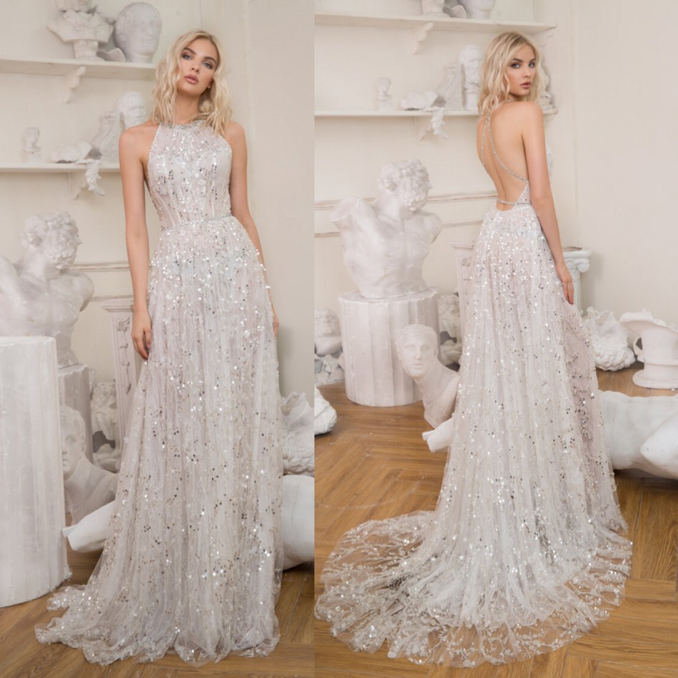 sequined wedding dresses illusion halter backless applique sweep train beaded bridal gowns plus size wedding dress robe de marie