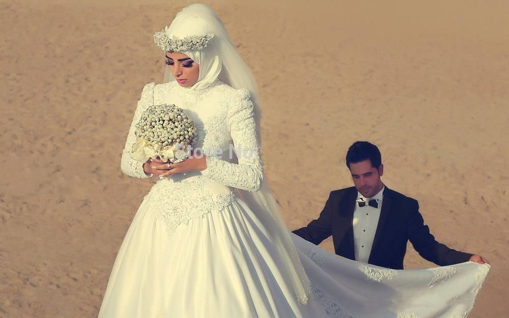 hijab muslim wedding dresses lace appliques beaded satin bridal wedding gowns with veil robes de marie