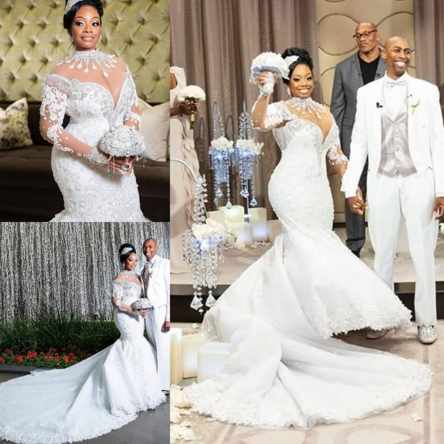 Plus Size Mermaid Wedding Dresses Beaded High Neck Lace Appliqued Long Sleeves Bridal Gowns Chapel Train Tulle Trumpet Robe De Marie