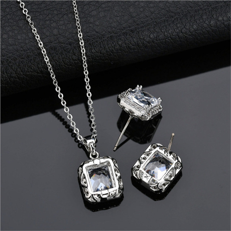 Classical Jewelry Set 925 Sterling Silver Princess Cut Topaz Statement CZ Diamond Gemstones Party Women Wedding Bridal Earring Necklace Gift