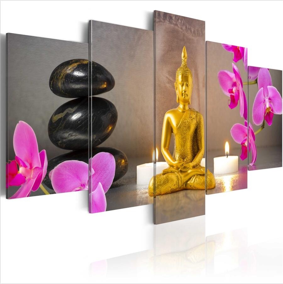 ( No Frame)5PCS/Set HD Modern Canvas Golden Buddha Wall Decor Buddhism Art Oil Painting Print on Canvas Home Decor Canvas Painting Picture
