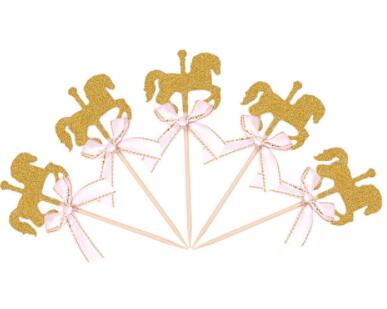 Cartoon Horse Cupcake Topper With Bow Tie Glitter Gold Carousel Wedding Birthday Party Cake Decoration DIY Handmade Cake Decor