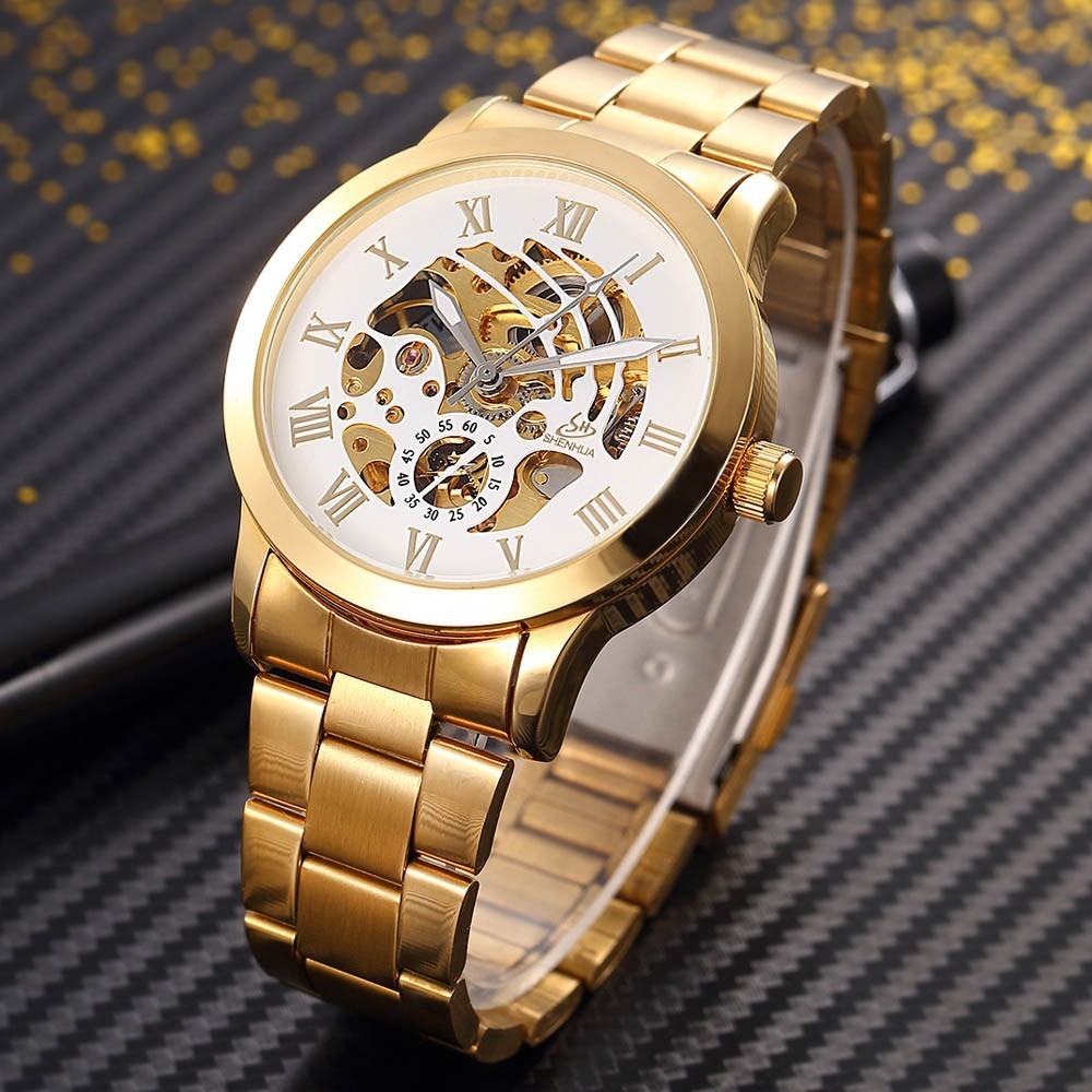 Shenhua Golden Skeleton Automatic Mechanical Watch Men Fashion Waterproof Shockproof Clock Mechanical Watch Men Men Watches Y19062004