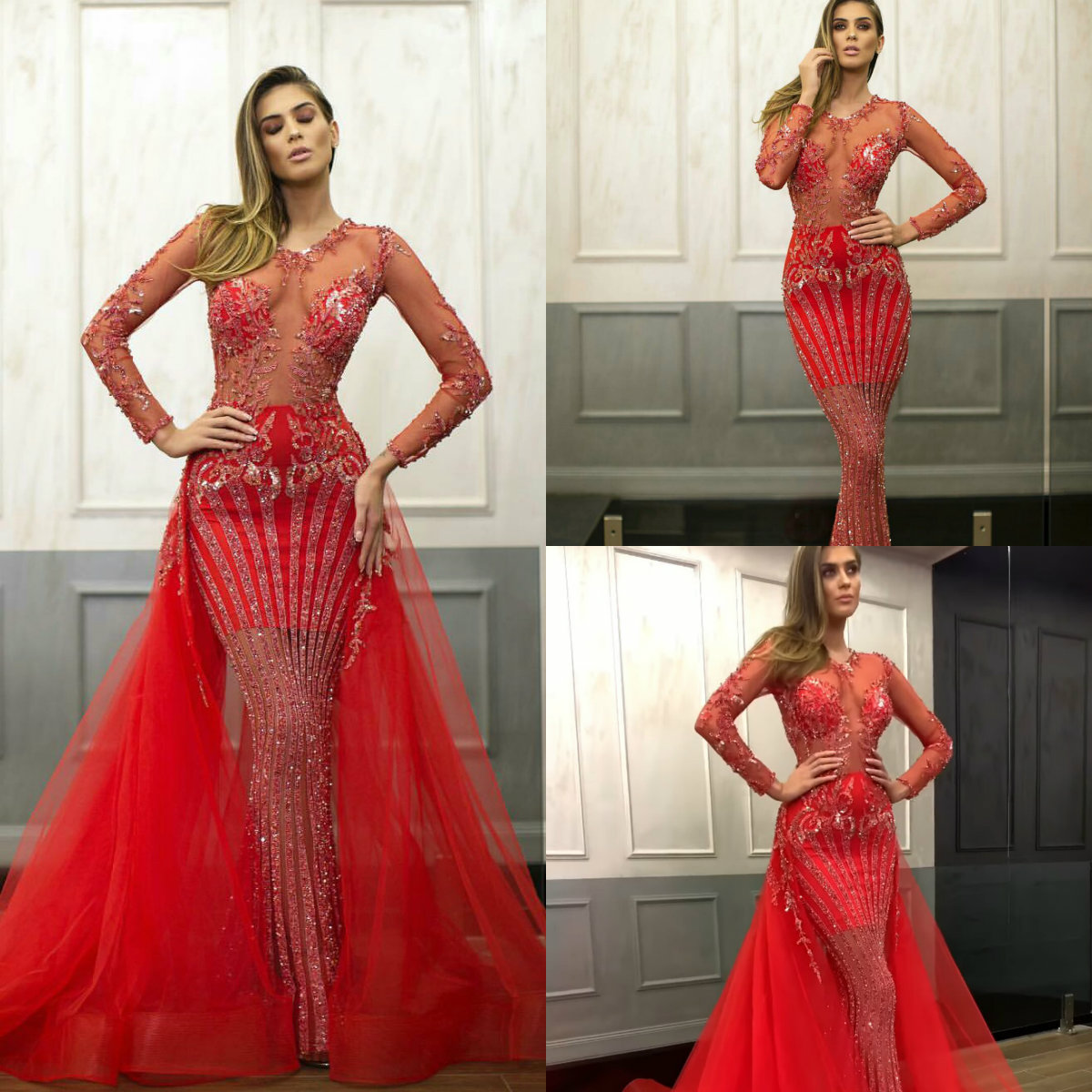 2019 Gorgeous Mermaid Prom Dresses With Detachable Train Jewel Neck Lace Beaded Long Sleeve Evening Gowns Party Wear Quinceanera Wear
