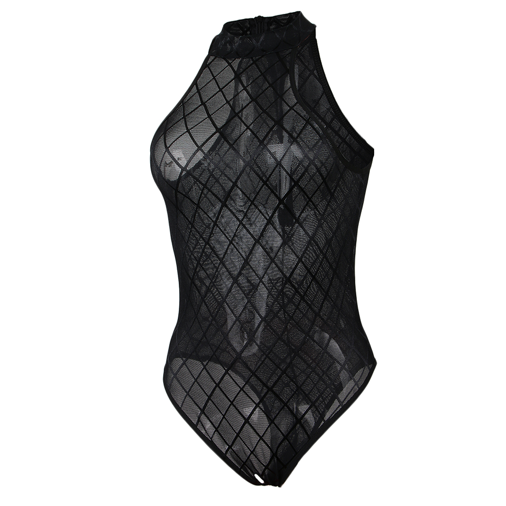 Women Lingerie Sleeveless Mock Neck Bodysuit Sexy Leotard Open Crotch Corset
