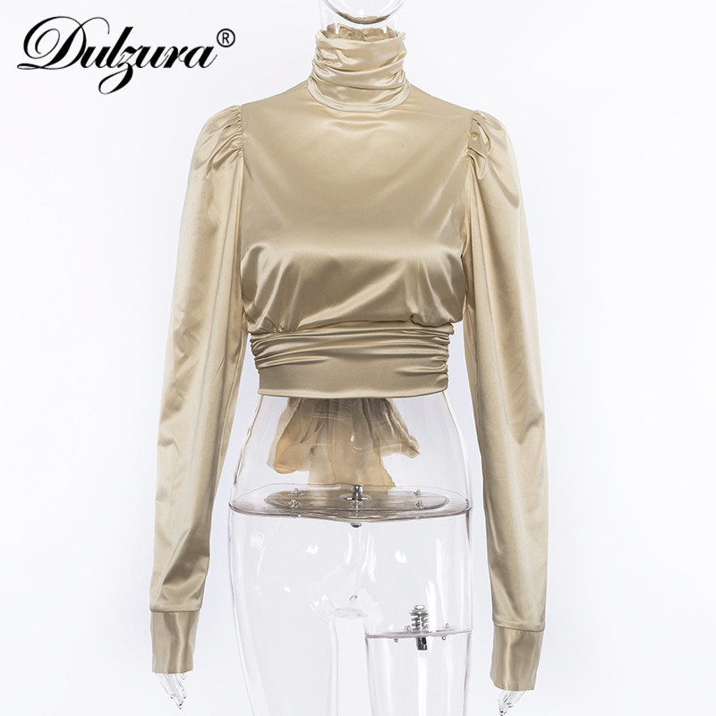 Dulzura Long Sleeve Ruched High Neck Backless Lace Up Tunic Blouse 2018 Autumn Winter Women Casual Shirt Open Back Top J190615