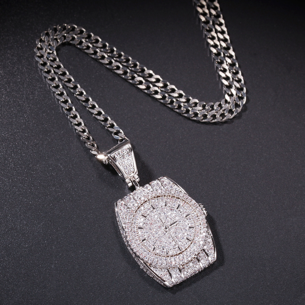 Gold & White Gold Iced Out CZ Cubic Zirconia Mens Watch Dial Pendant Necklace Cuban Chain personalized Diamond Hip Hop Jewelry for Men