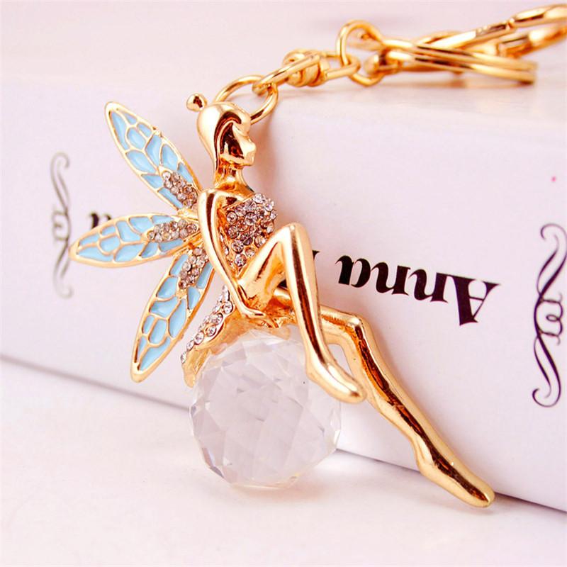 Keychain Enamel Alloy Rhinestone Fairy Tale Angel Wings Girl Crystal Ball Pendant Car Key Chains Gold Tone Lobster Clasp Key Ring 3pcs