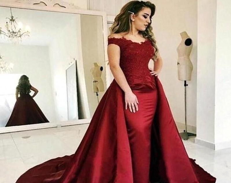 New Dark Red Bury Mermaid Prom Dresses Off Shoulder Lace Appliques Overskirts Satin Long Sexy Arabic Party Evening Dress Wear Gowns
